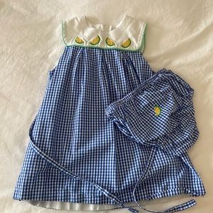 Classic Prep Blue Gingham dress w Lemon embroidery and matching bloomers 3T EUC